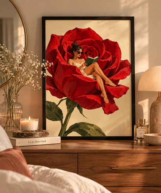 Affiche A4 Femme dans une Rose Rouge – Lecture & Fleurs