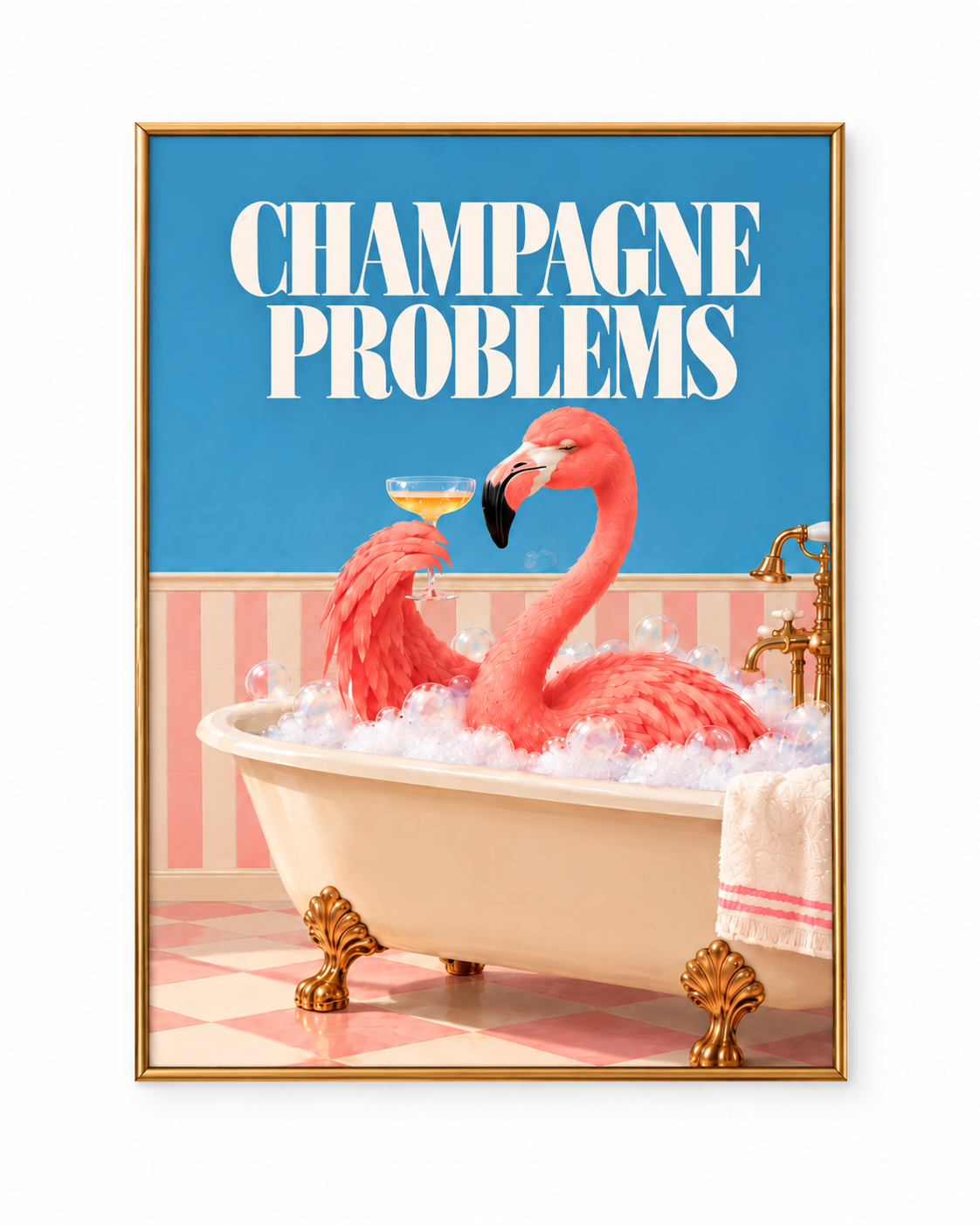 Affiche Flamant Rose « Champagne Problems » A4 – Décoration Murale Rétro & Colorée