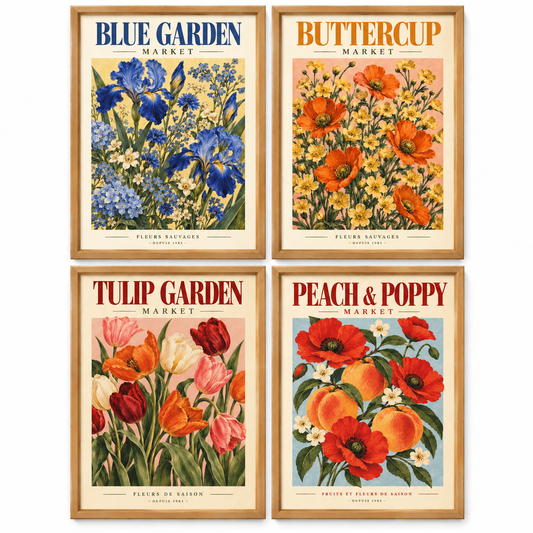 Lot de 4 Affiches Florales A4 - Fleurs vintage colorée