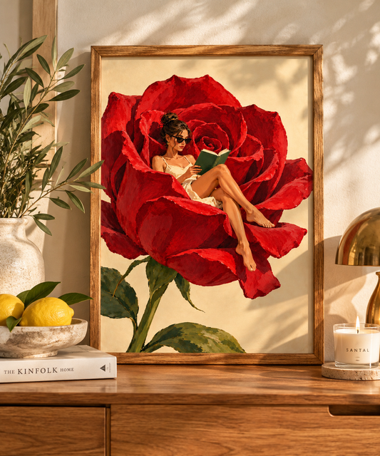 Affiche A4 Femme dans une Rose Rouge – Lecture & Fleurs