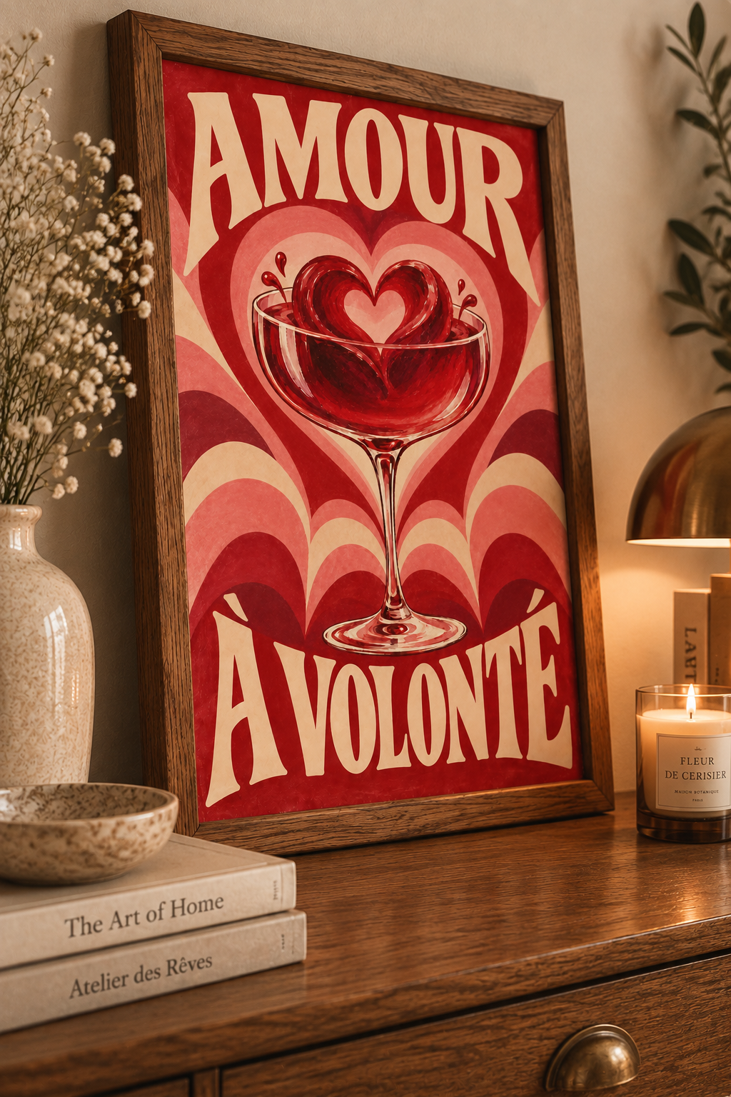 Affiche Amour à Volonté A4 – Cocktail Cœur Rouge & Rose – Décoration Murale Rétro Romantique