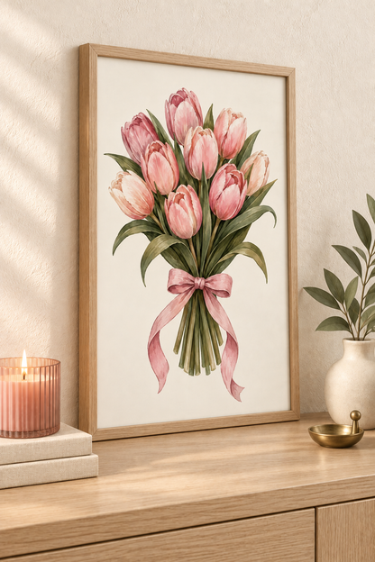 Affiche Bouquet de Tulipes Roses A4 – Illustration Florale avec Nœud – Décoration Murale Romantique