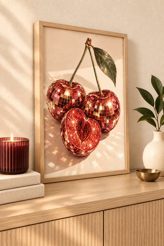 Affiche Cerises Disco A4 – Cerises Boule à Facettes Rouge & Doré