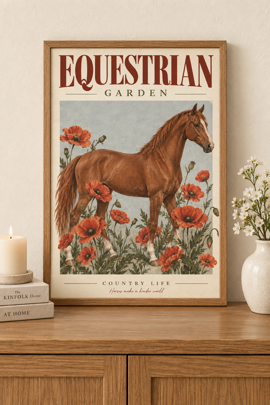 Affiche Jardin Equestre A4 – Cheval & Coquelicots – Décoration Murale Équestre Vintage