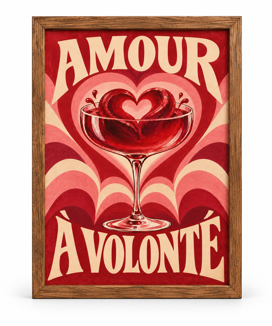 Affiche Amour à Volonté A4 – Cocktail Cœur Rouge & Rose – Décoration Murale Rétro Romantique