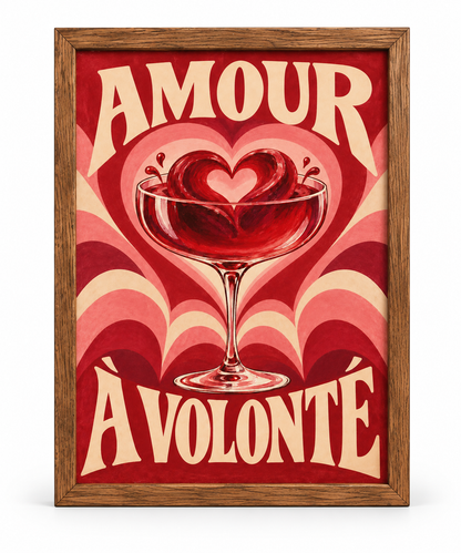 Affiche Amour à Volonté A4 – Cocktail Cœur Rouge & Rose – Décoration Murale Rétro Romantique