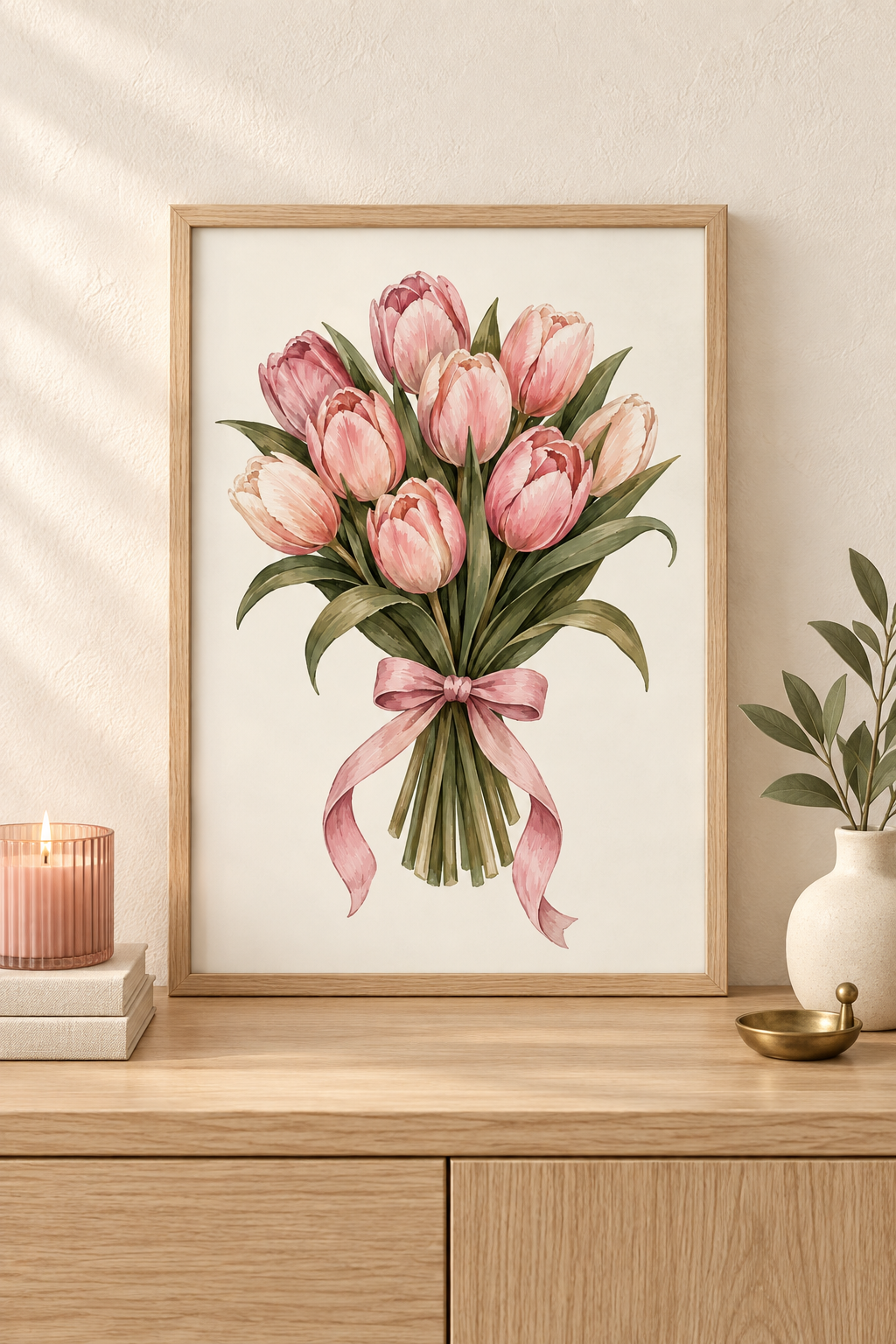 Affiche Bouquet de Tulipes Roses A4 – Illustration Florale avec Nœud – Décoration Murale Romantique