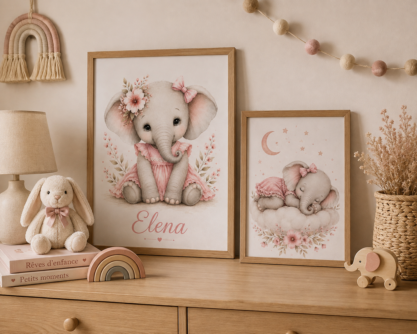 Petite affiche bébé A5 assortie - Ourson ou Éléphant endormi