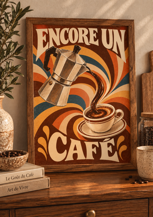 Affiche Encore un Café A4 – Cafetière Moka & Tasse