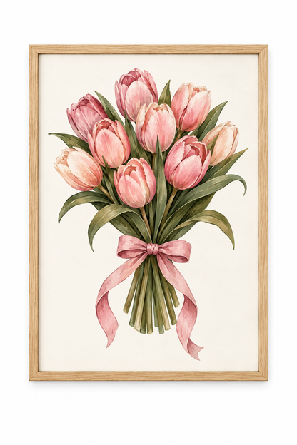 Affiche Bouquet de Tulipes Roses A4 – Illustration Florale avec Nœud – Décoration Murale Romantique