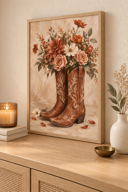 Affiche Bottes Cowboy Fleuries A4 – Fleurs & Western