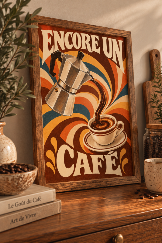 Affiche Encore un Café A4 – Cafetière Moka & Tasse