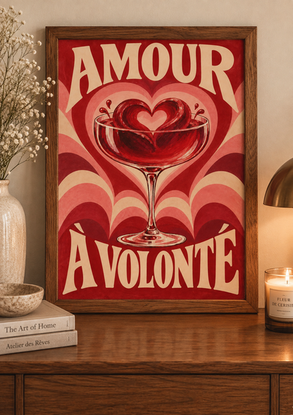 Affiche Amour à Volonté A4 – Cocktail Cœur Rouge & Rose – Décoration Murale Rétro Romantique