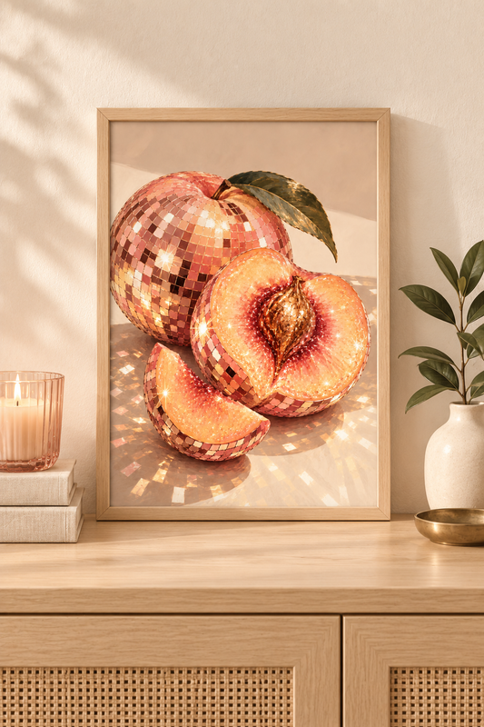 Affiche Pêche Disco A4 – Fruit Boule à Facettes Rose & Doré