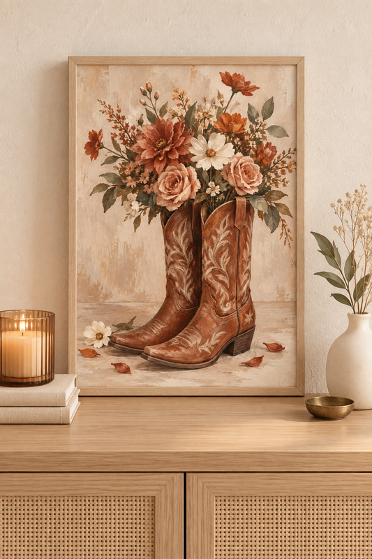 Affiche Bottes Cowboy Fleuries A4 – Fleurs & Western Vintage – Décoration Murale Country Bohème