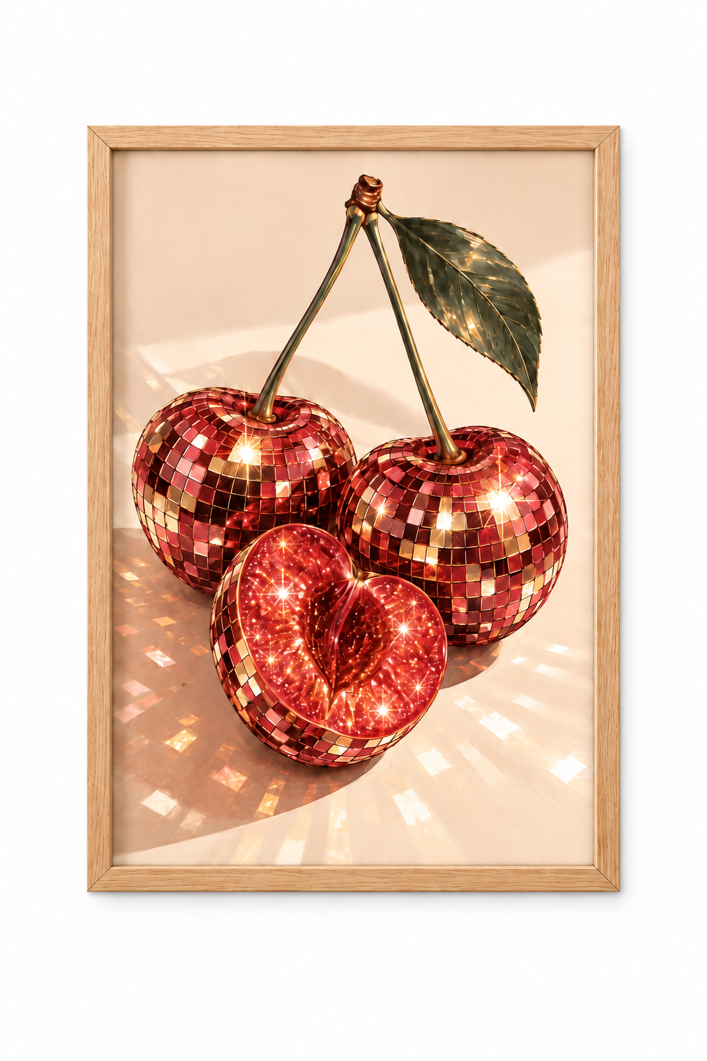 Affiche Cerises Disco A4 – Cerises Boule à Facettes Rouge & Doré – Décoration Murale Rétro