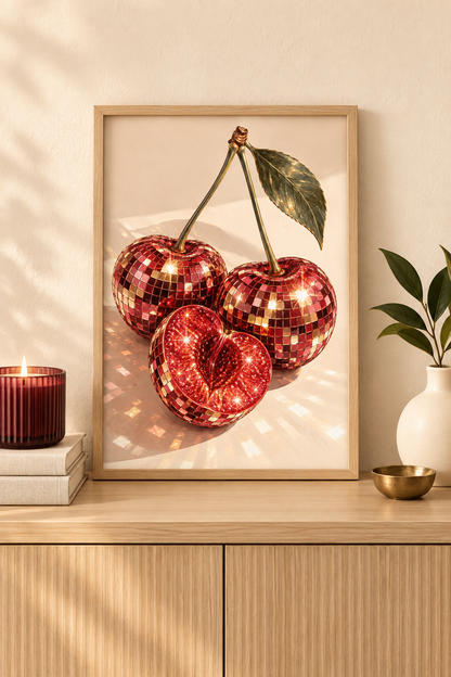 Affiche Cerises Disco A4 – Cerises Boule à Facettes Rouge & Doré – Décoration Murale Rétro