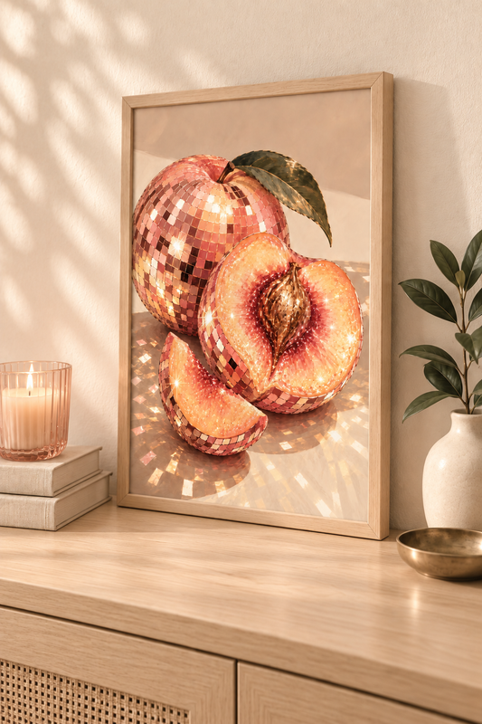 Affiche Pêche Disco A4 – Fruit Boule à Facettes Rose & Doré