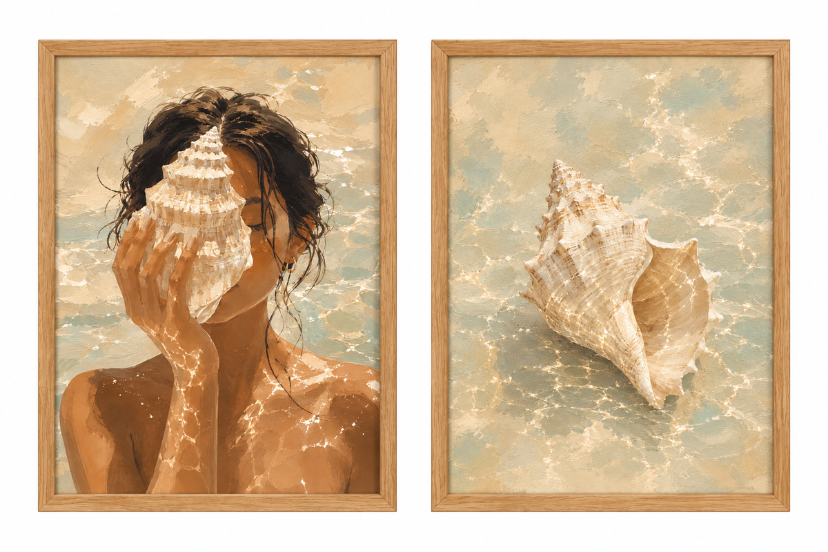 Duo d’affiches décoratives A4 sans cadre – Plage & Coquillage