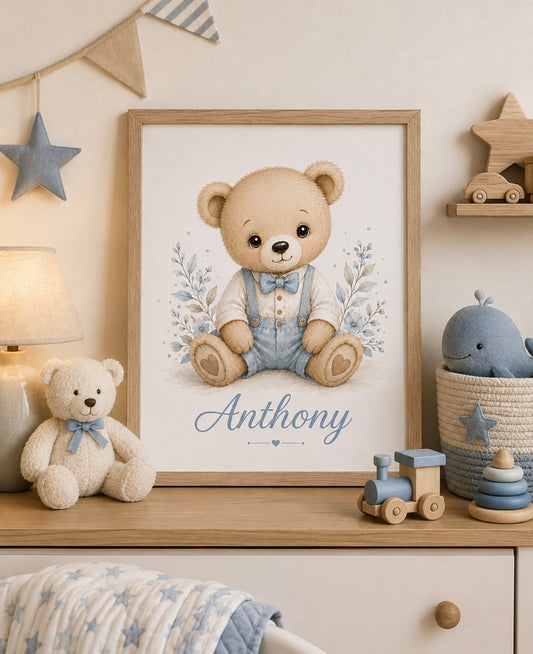 Affiche Prénom Bébé Personnalisé A4 | Cadre Naissance Ourson & Éléphant